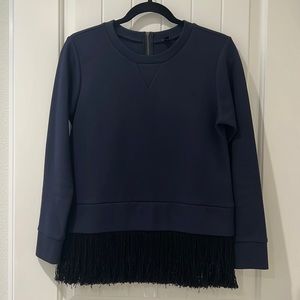 JCrew Navy Sweater with Black Fringe